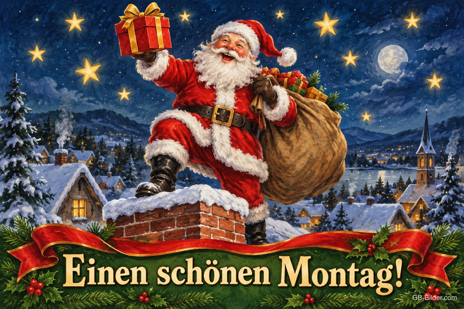 Weihnachtsmann mit Geschenkesack steht auf einem verschneiten Schornstein, Text: Einen schönen Montag!