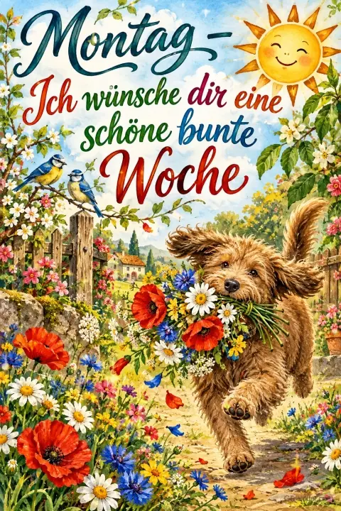 Hund läuft mit einem bunten Wiesenblumenstrauß im Maul durch den Garten, Text: Montag – Ich wünsche dir eine schöne bunte Woche