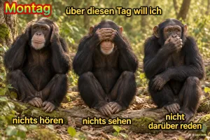 Drei Schimpansen: nichts hören, nichts sehen, nichts sagen, Text: Montag – über diesen Tag will ich nichts hören, nichts sehen, nicht darüber reden