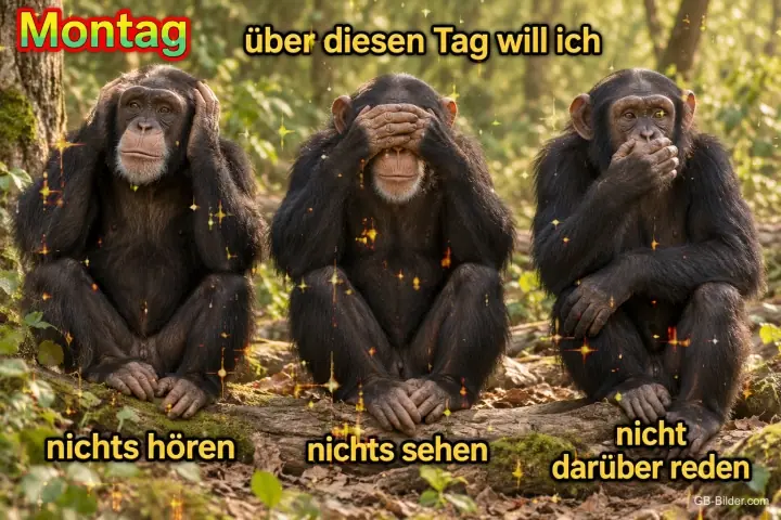 Drei Schimpansen: nichts hören, nichts sehen, nichts sagen, Text: Montag – über diesen Tag will ich nichts hören, nichts sehen, nicht darüber reden