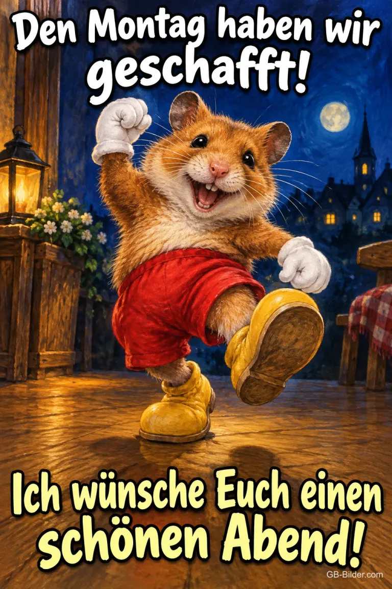 Hamster mit roter Hose und Handschuhen tanzt jubelnd auf der Straße, Text: Den Montag haben wir geschafft! Ich wünsche Euch einen schönen Abend!