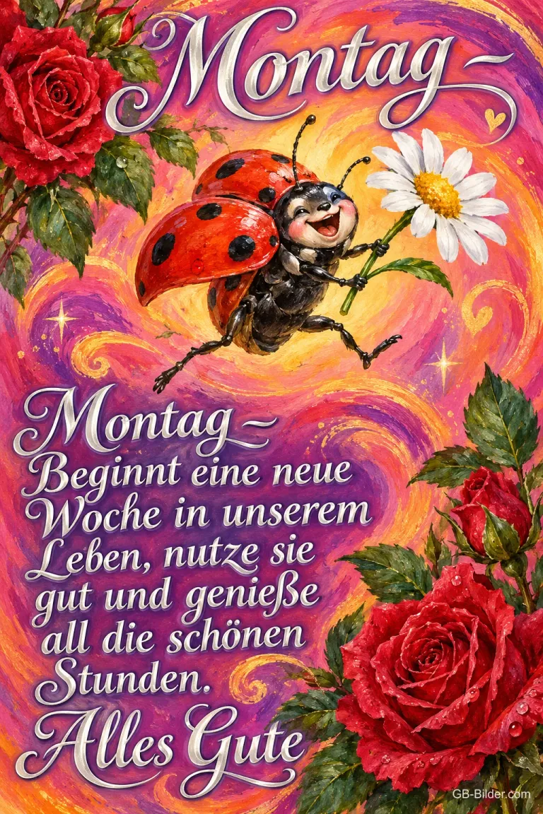 Marienkäfer fliegt mit einem Gänseblümchen zwischen roten Rosen, Text: Montag – Beginnt eine neue Woche in unserem Leben, nutze sie gut und genieße all die schönen Stunden. Alles Gute