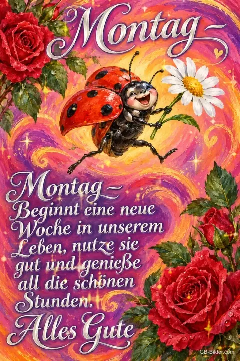 Marienkäfer fliegt mit einem Gänseblümchen zwischen roten Rosen, Text: Montag – Beginnt eine neue Woche in unserem Leben, nutze sie gut und genieße all die schönen Stunden. Alles Gute