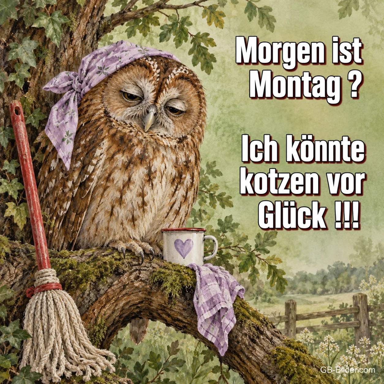 Müde Eule mit Mopp, lustiger Spruch, Text: Morgen ist Montag