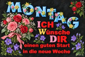 Rosen und Glockenblumen mit blumigen Buchstaben, Text: Montag – ich wünsche dir einen guten Start in die neue Woche