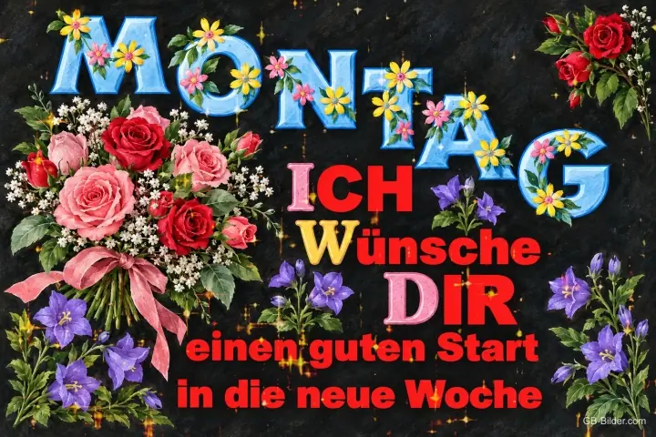 Rosen und Glockenblumen mit blumigen Buchstaben, Text: Montag – ich wünsche dir einen guten Start in die neue Woche
