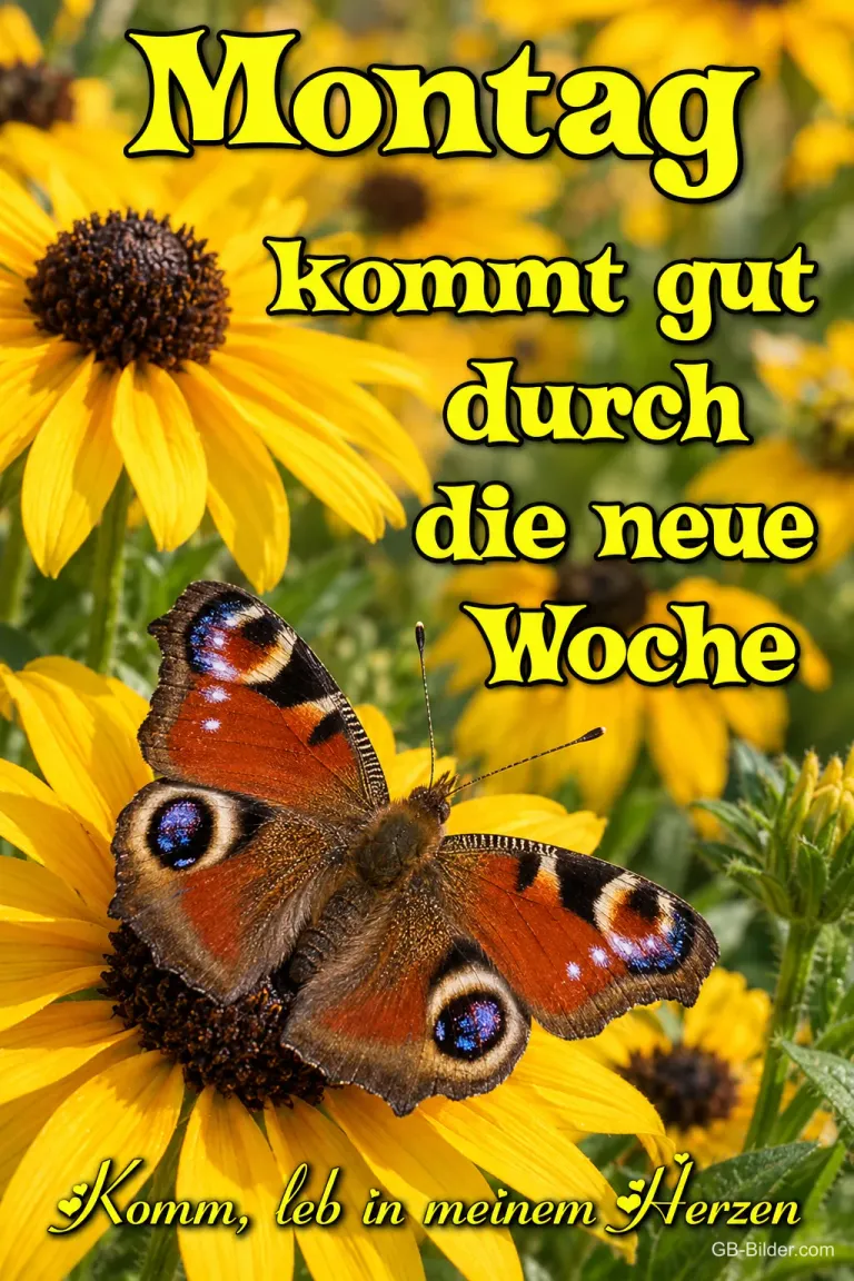Schmetterling auf Sonnenblume, Text: Montag kommt gut durch die neue Woche