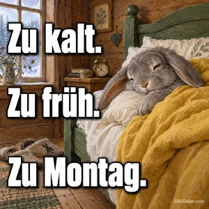 Müder Hase im Bett, lustiger Spruch, Text: Zu kalt
