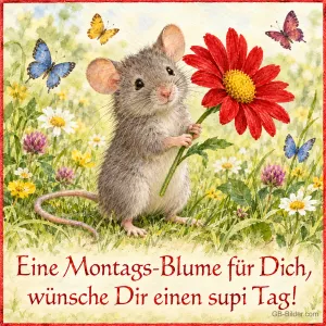 Maus mit roter Gerbera auf einer Blumenwiese, Text: Eine Montags-Blume für dich, wünsche dir einen supi Tag!