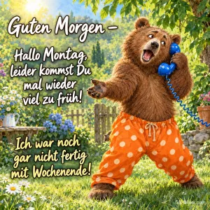 Bär mit gepunkteter Hose telefoniert empört im Garten, Text: Guten Morgen – Hallo Montag, leider kommst Du mal wieder viel zu früh! Ich war noch gar nicht fertig mit Wochenende!