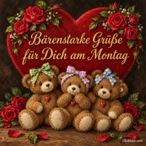 Drei Teddybären vor einem roten Herz mit Rosen, Text: Bärenstarke Grüße für dich am Montag
