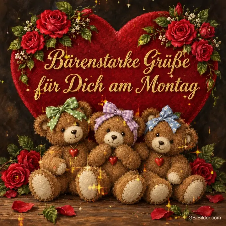 Drei Teddybären vor einem roten Herz mit Rosen, Text: Bärenstarke Grüße für dich am Montag Drei Teddybären vor einem roten Herz mit Rosen, Text: Bärenstarke Grüße für dich am Montag