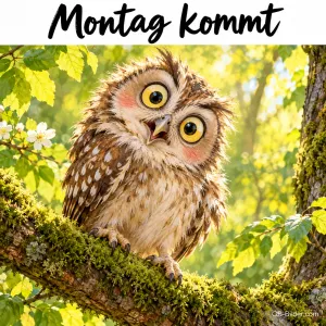 Eule mit riesigen Augen sitzt erschrocken auf einem Ast, Text: Montag kommt