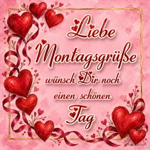 Rote Herzen auf rosa Grund, Text: Liebe Montagsgrüße – wünsch dir noch einen schönen Tag