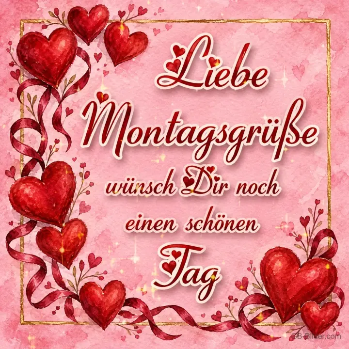 Rote Herzen auf rosa Grund, Text: Liebe Montagsgrüße – wünsch dir noch einen schönen Tag