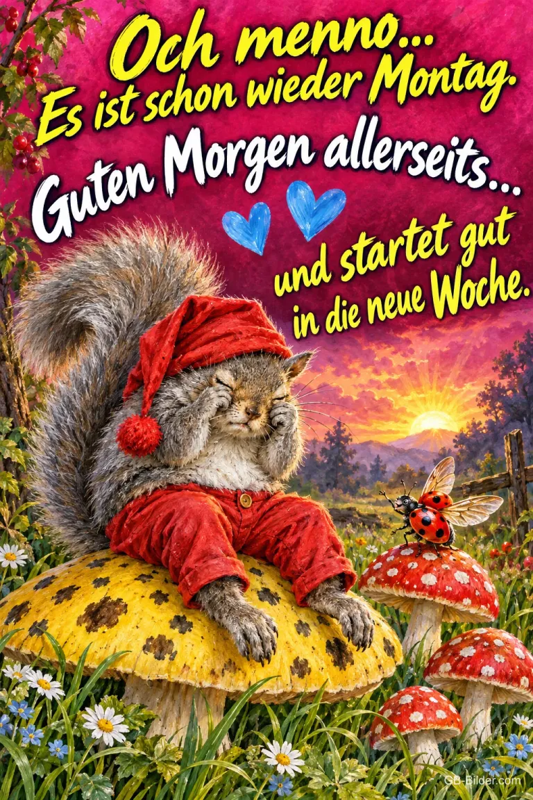 Eichhörnchen mit roter Zipfelmütze reibt sich auf einem Pilz die Augen, Text: Och menno... Es ist schon wieder Montag. Guten Morgen allerseits... und startet gut in die neue Woche.