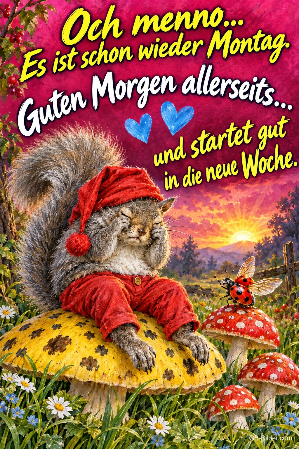 Eichhörnchen mit roter Zipfelmütze reibt sich auf einem Pilz die Augen, Text: Och menno... Es ist schon wieder Montag. Guten Morgen allerseits... und startet gut in die neue Woche.