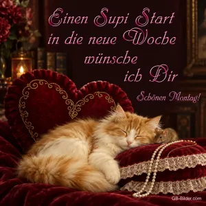 Schlafender Kater auf Samtkissen vor rotem Herz, Text: Einen supi Start in die neue Woche wünsche ich dir