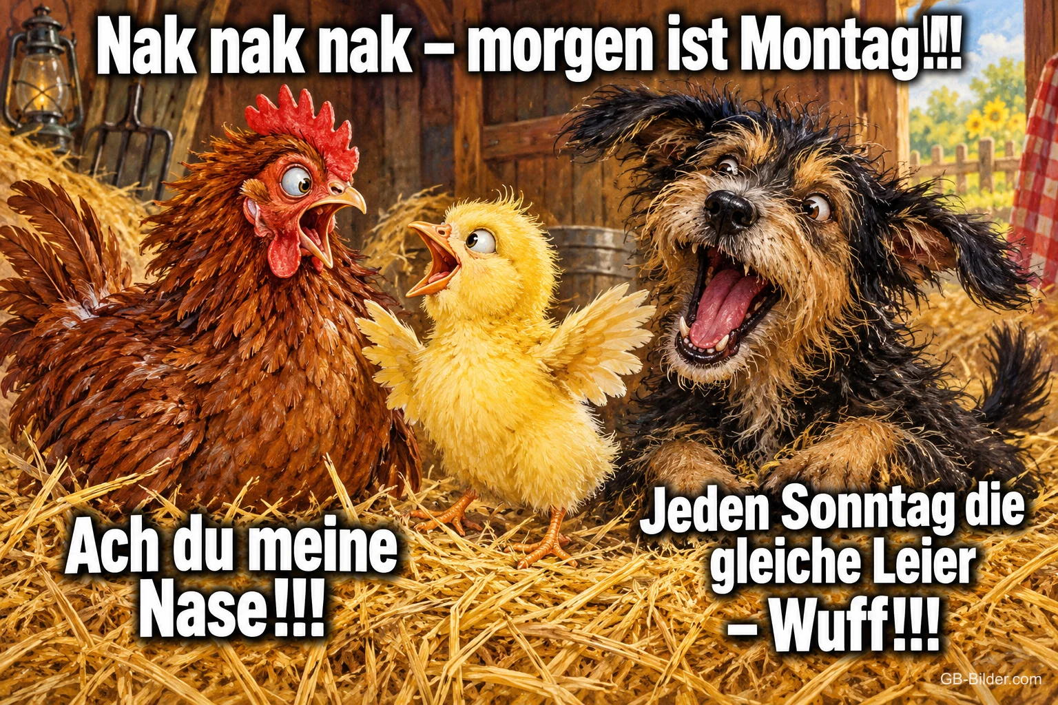 Huhn, Küken und Hund im Stroh mit aufgerissenen Mündern, Text: Nak nak nak – morgen ist Montag!!! Ach du meine Nase!!! Jeden Sonntag die gleiche Leier – Wuff!!!