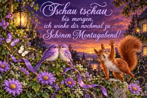 Zwei lila Vögel und ein winkendes Eichhörnchen zwischen Astern am Abend, Text: Tschau tschau bis morgen, ich winke dir nochmal zu … Schönen Montagabend!