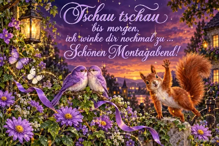Zwei lila Vögel und ein winkendes Eichhörnchen zwischen Astern am Abend, Text: Tschau tschau bis morgen, ich winke dir nochmal zu … Schönen Montagabend!