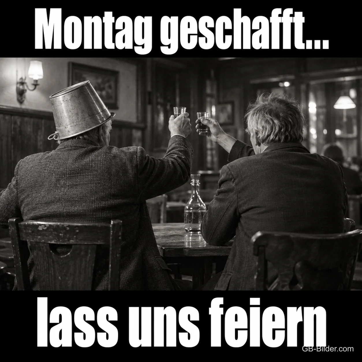 Zwei Männer stoßen in der Kneipe an, Text: Montag geschafft