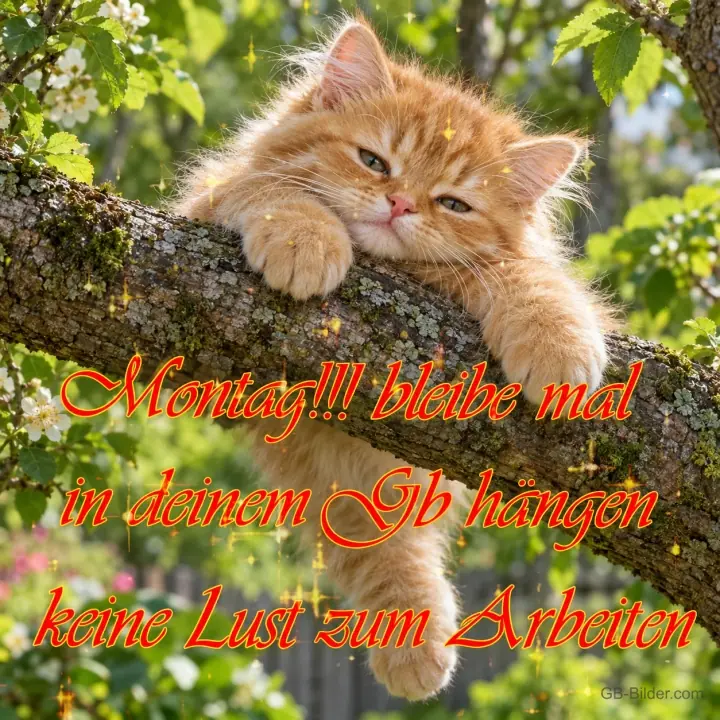 Faules rotes Kätzchen auf einem Ast, Text: Montag!!! Keine Lust zum Arbeiten