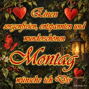 Rote Herzen und Laterne an einer Ranke, Text: Einen sorgenfreien, entspannten und wunderschönen Montag wünsche ich dir