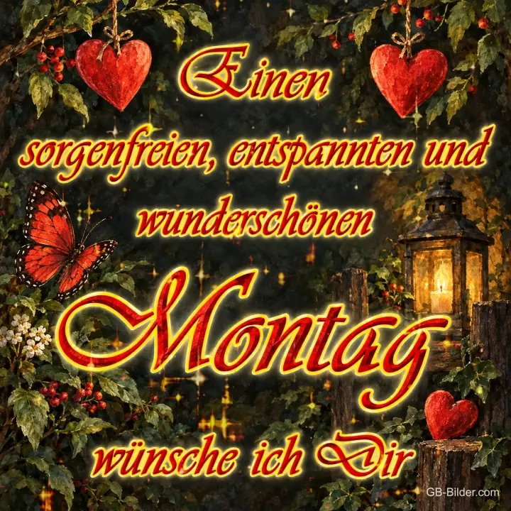 Rote Herzen und Laterne an einer Ranke, Text: Einen sorgenfreien, entspannten und wunderschönen Montag wünsche ich dir
