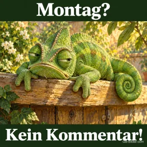 Chamäleon liegt mürrisch auf einem Holzzaun, Text: Montag? Kein Kommentar!