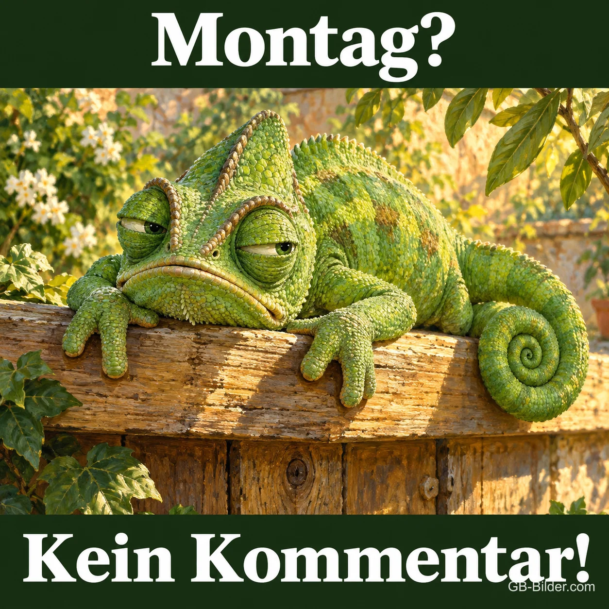 Chamäleon liegt mürrisch auf einem Holzzaun, Text: Montag? Kein Kommentar! Chamäleon liegt mürrisch auf einem Holzzaun, Text: Montag? Kein Kommentar!