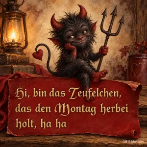 Grinsendes Teufelchen mit Dreizack, Text: Hi, bin das Teufelchen, das den Montag herbeiholt, ha ha