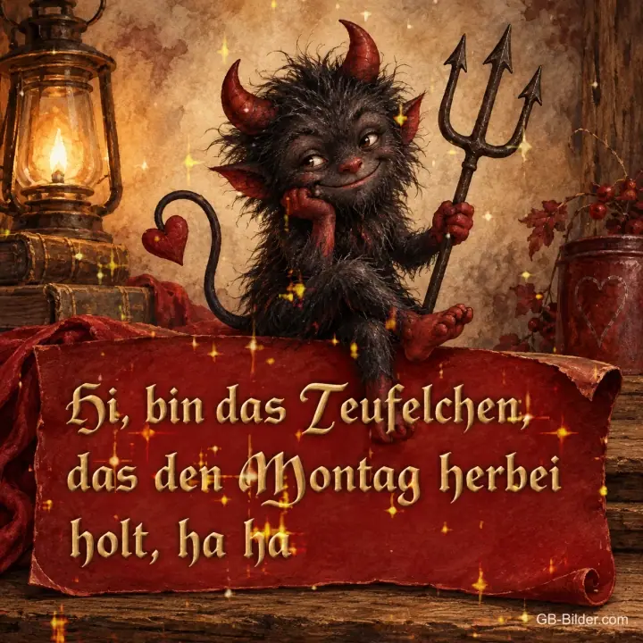 Grinsendes Teufelchen mit Dreizack, Text: Hi, bin das Teufelchen, das den Montag herbeiholt, ha ha