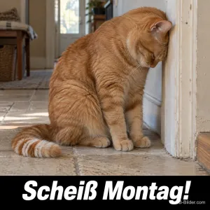 Katze lehnt an der Wand, lustiger Spruch, Text: Scheiß Montag