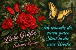 Rote Rosen und Schmetterlinge, Text: Liebe Grüße – Schönen Montag! Einen guten Start in die neue Woche