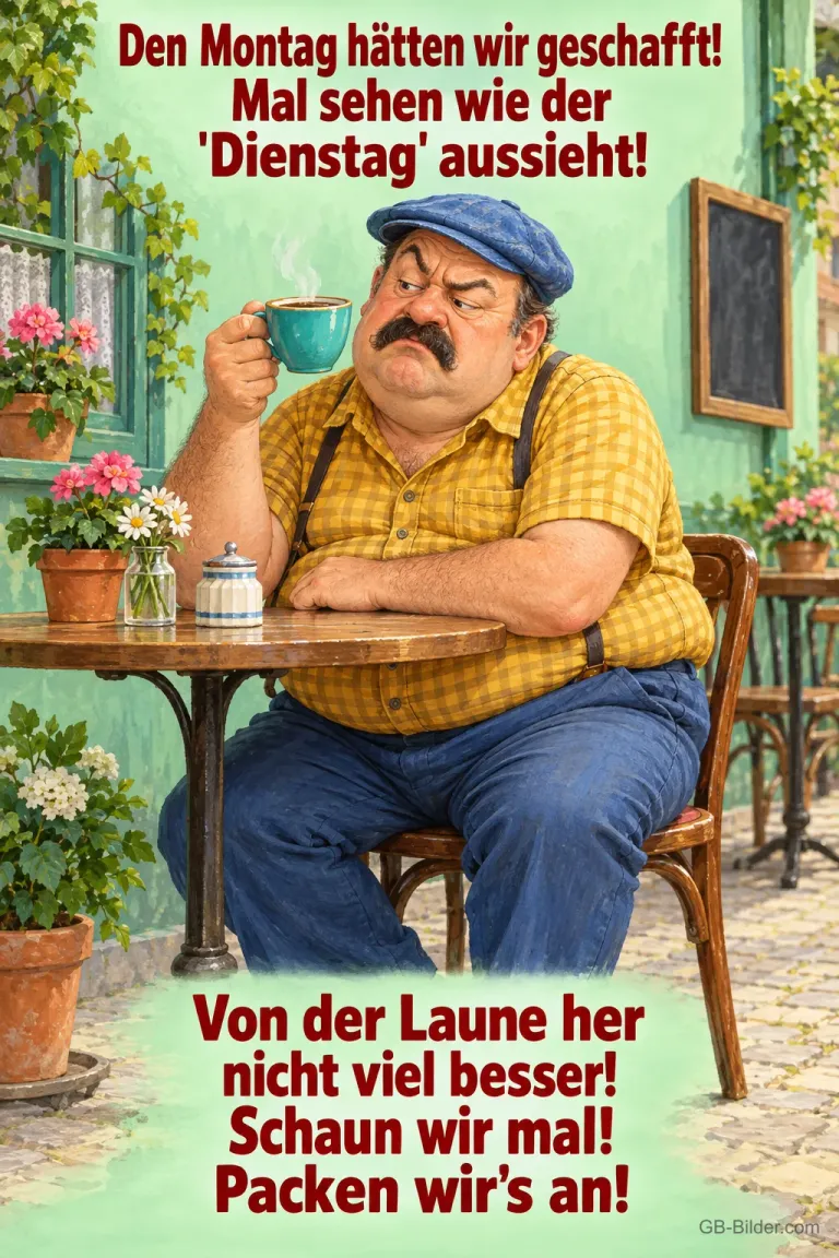 Mürrischer Mann mit Schnurrbart und Mütze trinkt Kaffee im Straßencafé, Text: Den Montag hätten wir geschafft! Mal sehen wie der "Dienstag" aussieht! Von der Laune her nicht viel besser! Schaun wir mal! Packen wir's an!