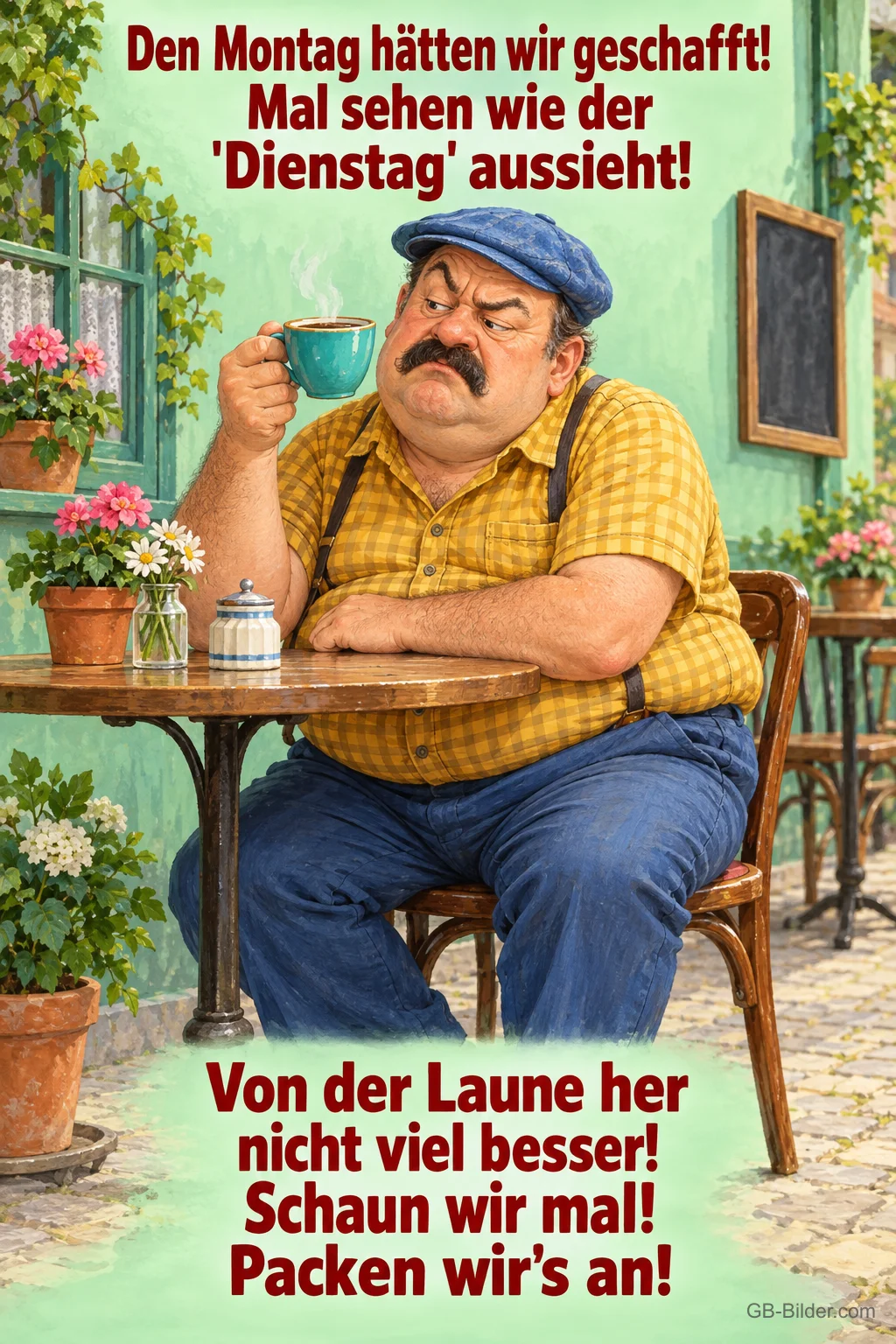 Mürrischer Mann mit Schnurrbart und Mütze trinkt Kaffee im Straßencafé, Text: Den Montag hätten wir geschafft! Mal sehen wie der "Dienstag" aussieht! Von der Laune her nicht viel besser! Schaun wir mal! Packen wir's an! Mürrischer Mann mit Schnurrbart und Mütze trinkt Kaffee im Straßencafé, Text: Den Montag hätten wir geschafft! Mal sehen wie der "Dienstag" aussieht! Von der Laune her nicht viel besser! Schaun wir mal! Packen wir's an!