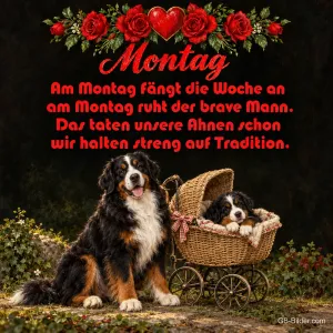 Berner Sennenhund neben Kinderwagen mit Welpe, Gedicht: Am Montag fängt die Woche an