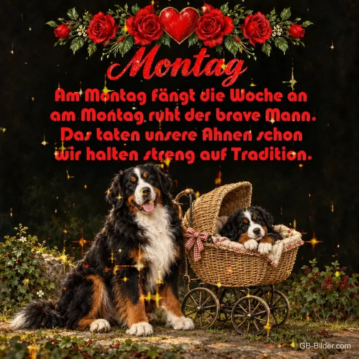 Berner Sennenhund neben Kinderwagen mit Welpe, Gedicht: Am Montag fängt die Woche an