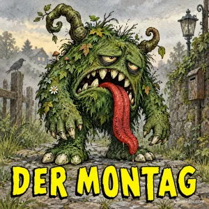 Grünes zotteliges Monster mit herausgestreckter Zunge auf einer Dorfstraße, Text: DER MONTAG