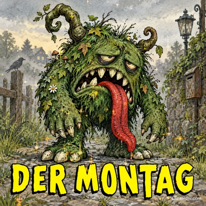 Grünes zotteliges Monster mit herausgestreckter Zunge auf einer Dorfstraße, Text: DER MONTAG