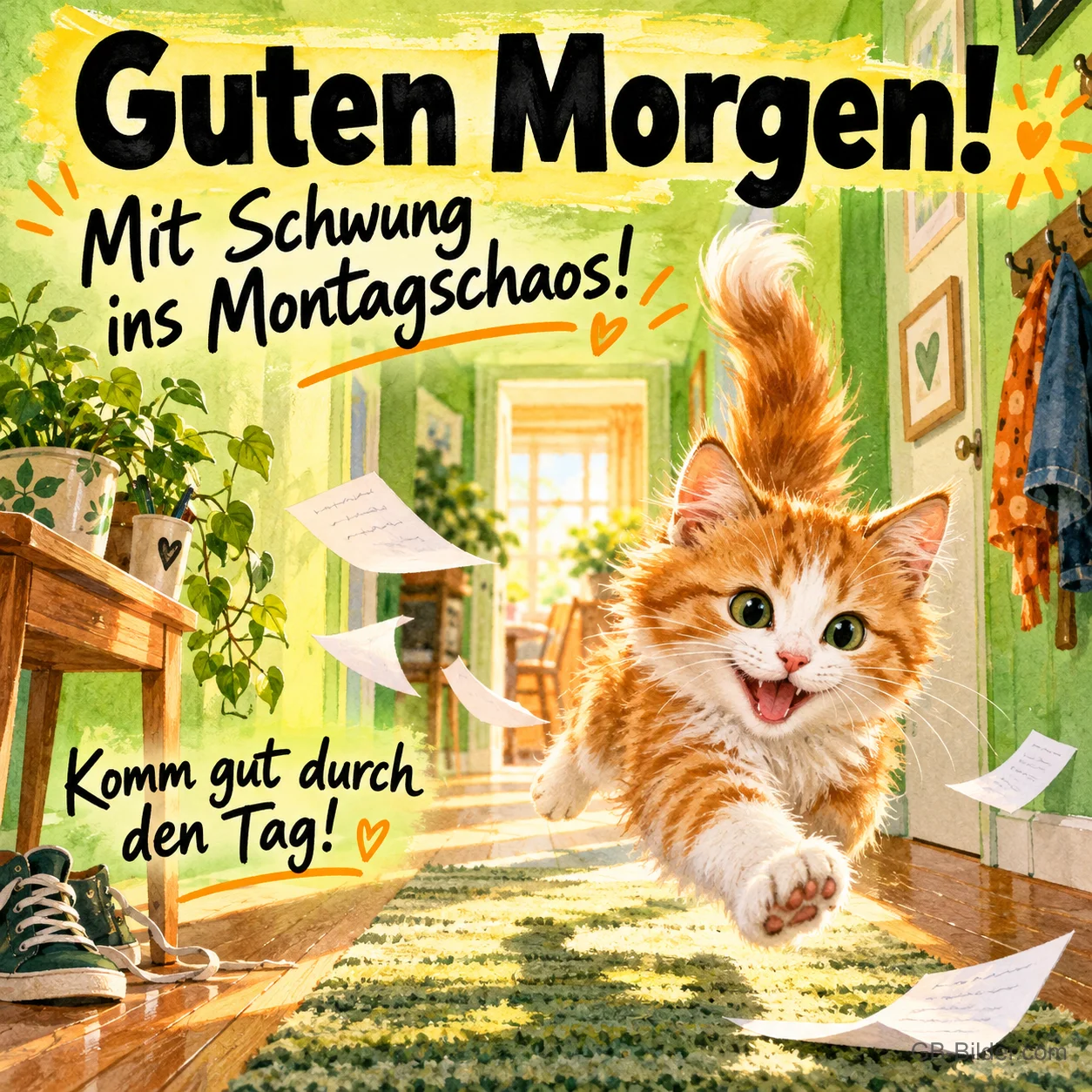 Rotes Kätzchen rennt fröhlich durch einen Flur zwischen fliegenden Zetteln, Text: Guten Morgen! Mit Schwung ins Montagschaos! Komm gut durch den Tag! Rotes Kätzchen rennt fröhlich durch einen Flur zwischen fliegenden Zetteln, Text: Guten Morgen! Mit Schwung ins Montagschaos! Komm gut durch den Tag!