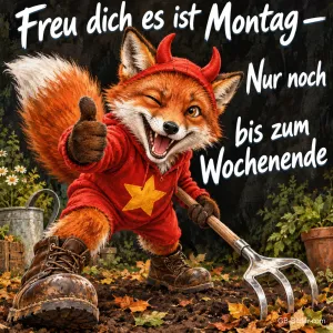 Zwinkernder Fuchs im roten Teufelskostüm mit Mistgabel zeigt Daumen hoch, Text: Freu dich es ist Montag – Nur noch bis zum Wochenende