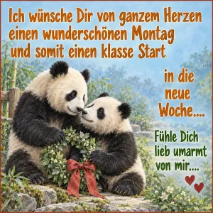 Pandas mit Kranz, Text: Ich wünsche Dir von ganzem Herzen einen wunderschönen Montag und somit
