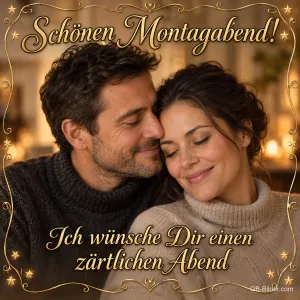 Zärtliches Paar in Strickpullovern lehnt Wange an Wange, Text: Schönen Montagabend! Ich wünsche Dir einen zärtlichen Abend