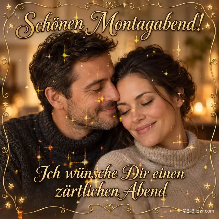 Zärtliches Paar in Strickpullovern lehnt Wange an Wange, Text: Schönen Montagabend! Ich wünsche Dir einen zärtlichen Abend