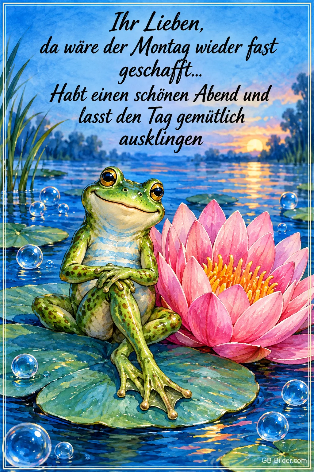 Frosch sitzt entspannt auf einem Seerosenblatt im Abendlicht, Text: Ihr Lieben, da wäre der Montag wieder fast geschafft... Habt einen schönen Abend und lasst den Tag gemütlich ausklingen Frosch sitzt entspannt auf einem Seerosenblatt im Abendlicht, Text: Ihr Lieben, da wäre der Montag wieder fast geschafft... Habt einen schönen Abend und lasst den Tag gemütlich ausklingen