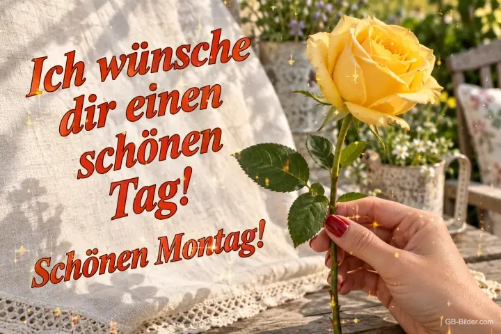 Hand mit gelber Rose, Text: Ich wünsche dir einen schönen Tag! Schönen Montag!