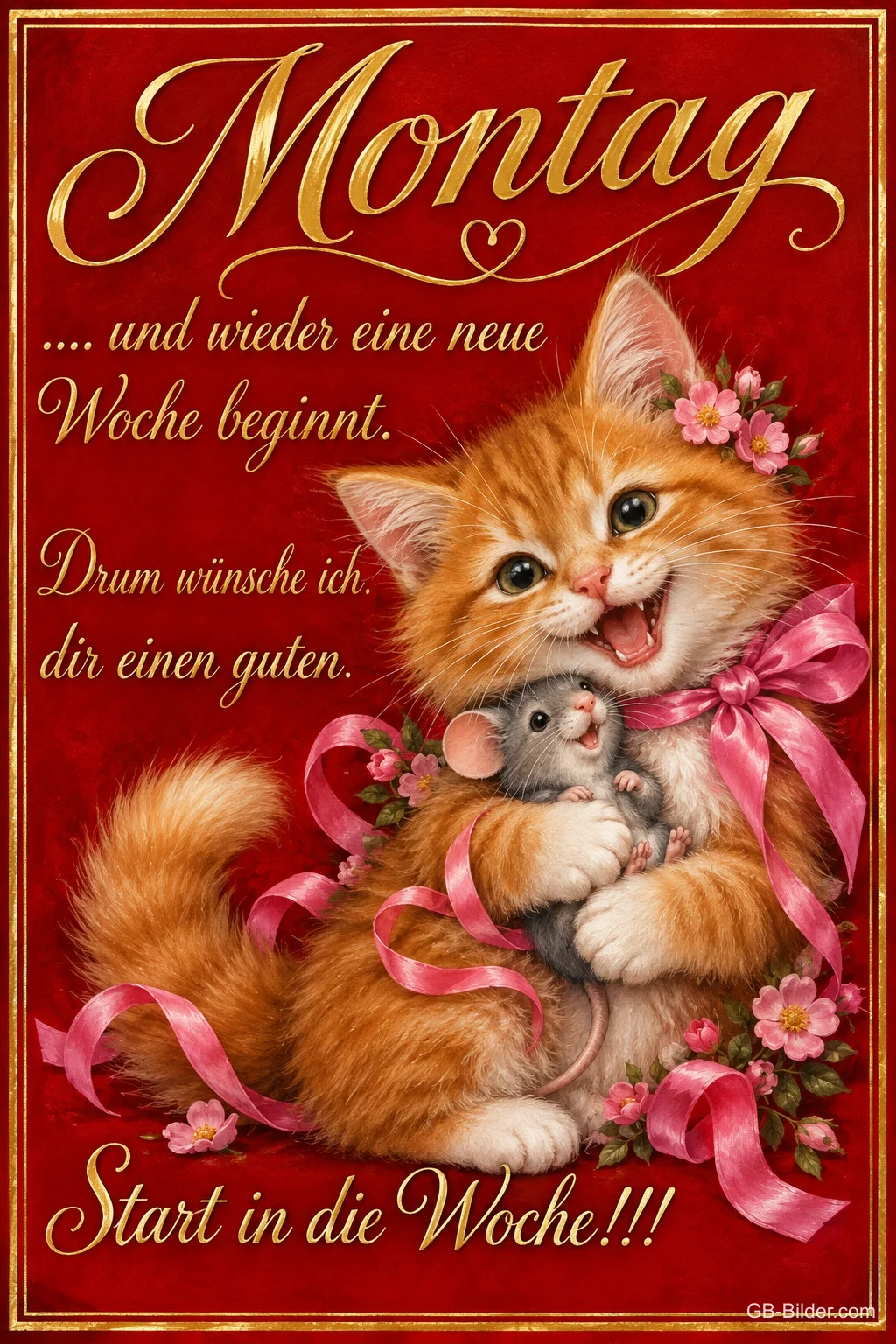 Lachendes Kätzchen umarmt eine kleine Maus mit Schleifen, Text: Montag .... und wieder eine neue Woche beginnt. Drum wünsche ich dir einen guten Start in die Woche!!! Lachendes Kätzchen umarmt eine kleine Maus mit Schleifen, Text: Montag .... und wieder eine neue Woche beginnt. Drum wünsche ich dir einen guten Start in die Woche!!!