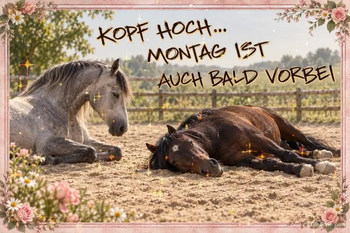Zwei liegende Pferde im Sand, Text: Kopf hoch, Montag ist auch bald vorbei